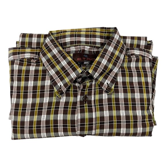 ETRO Small Logo Men's Blue Brown‎ Checked Longsleeve Shirt Size 42 Made In Italy - Picture 12 of 12